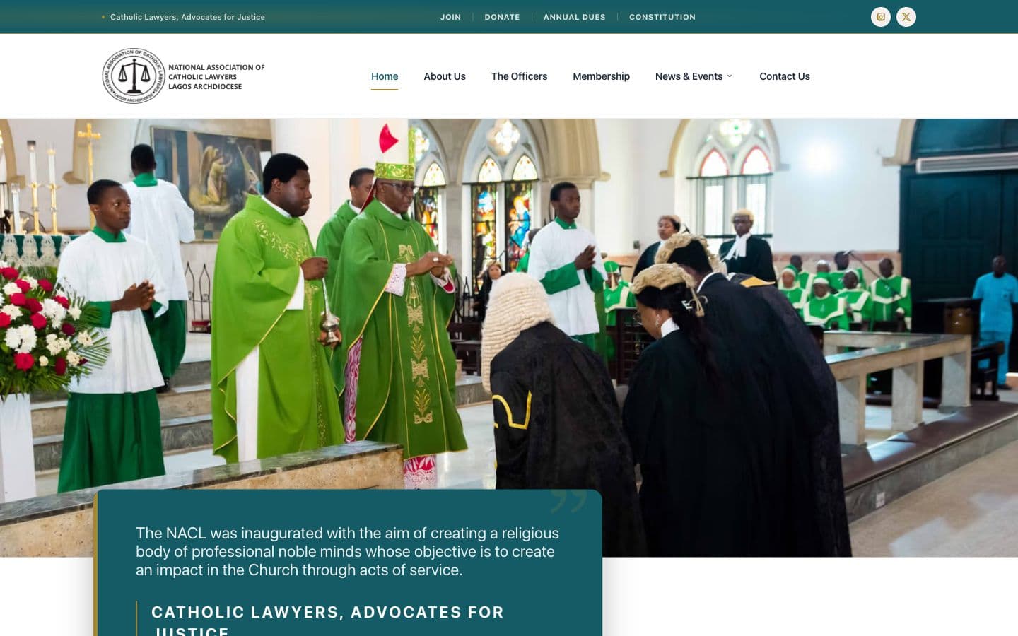 Homepage of the National Association of Catholic Lawyers, Lagos Archdiocese, showing clergy and lawyers in wigs at the New Legal Year Mass
