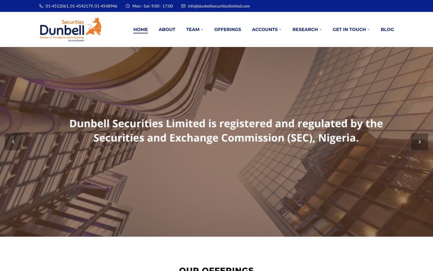 Homepage of Dunbell Securities, registered and regulated by the Securities and Exchange Commission, Nigeria