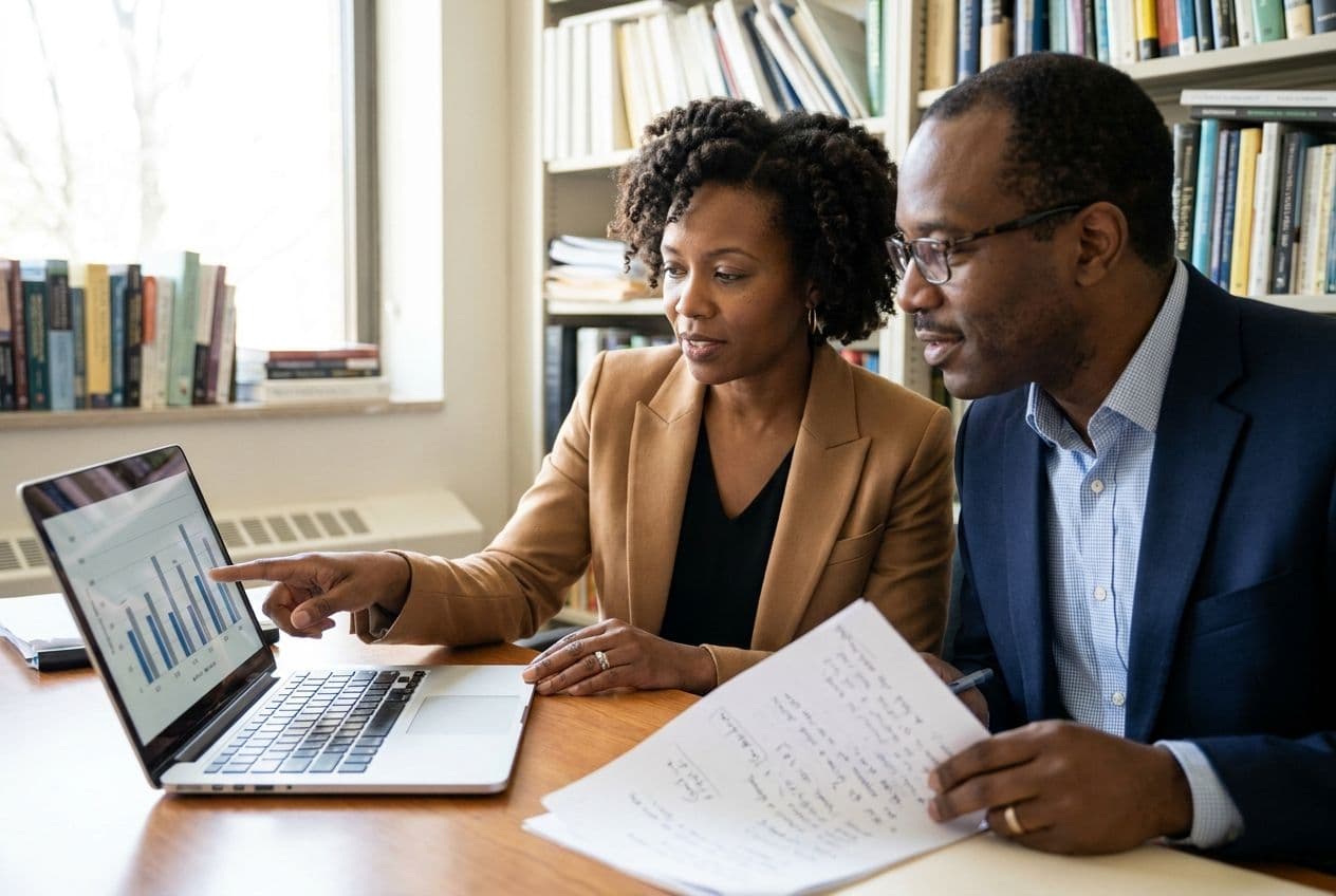 Two researchers reviewing a chart on a laptop with handwritten notes, in an office lined with books