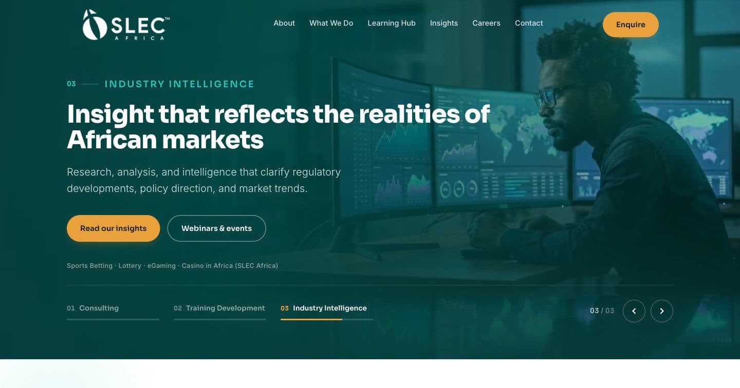 Website of an African industry advisory firm, with consulting, training and industry intelligence sections