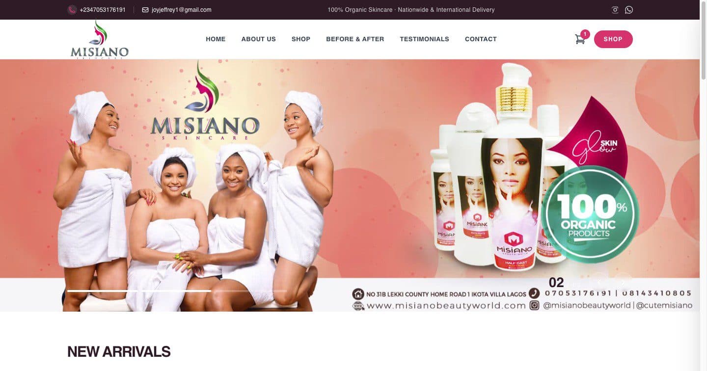 Online store for a skincare brand, with a shop button, cart and new arrivals