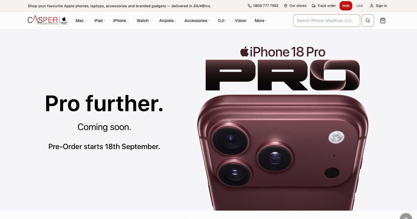 Online store home page for a consumer electronics retailer, with product categories and a pre-order banner