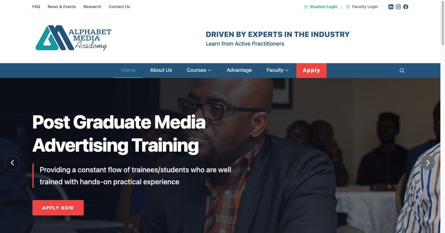 Website of a media training academy advertising a postgraduate course, with an Apply button and student and faculty logins