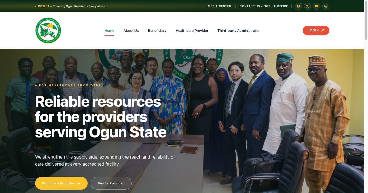 Home page of a state health insurance agency website, showing provider sign-up and enrolment links