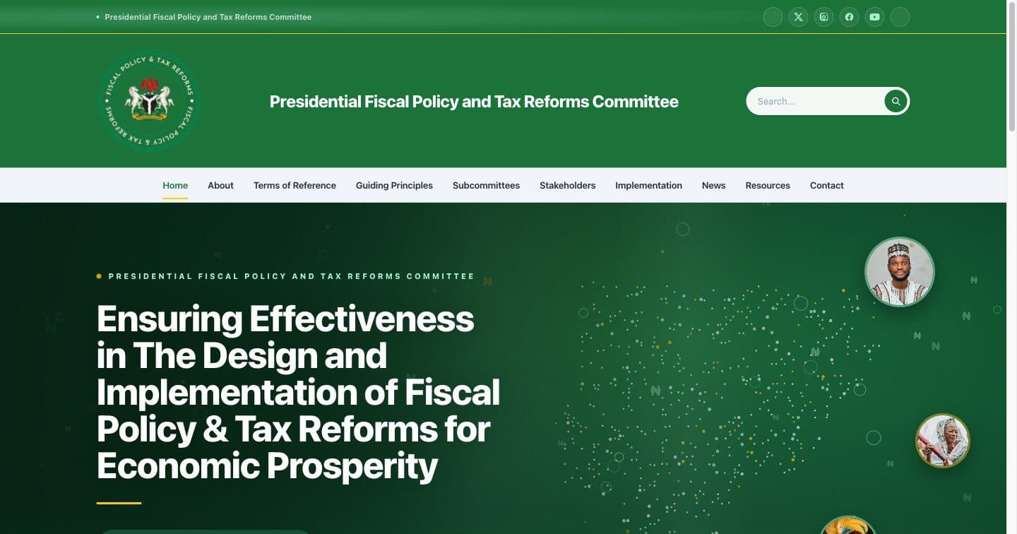 Portal of a presidential fiscal policy and tax reform committee, with its mandate headline